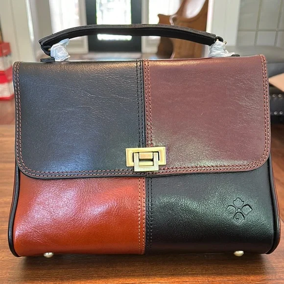 Patricia Nash Black and Brown Leather Satchel with Gold Clasp - Picture 5 of 8